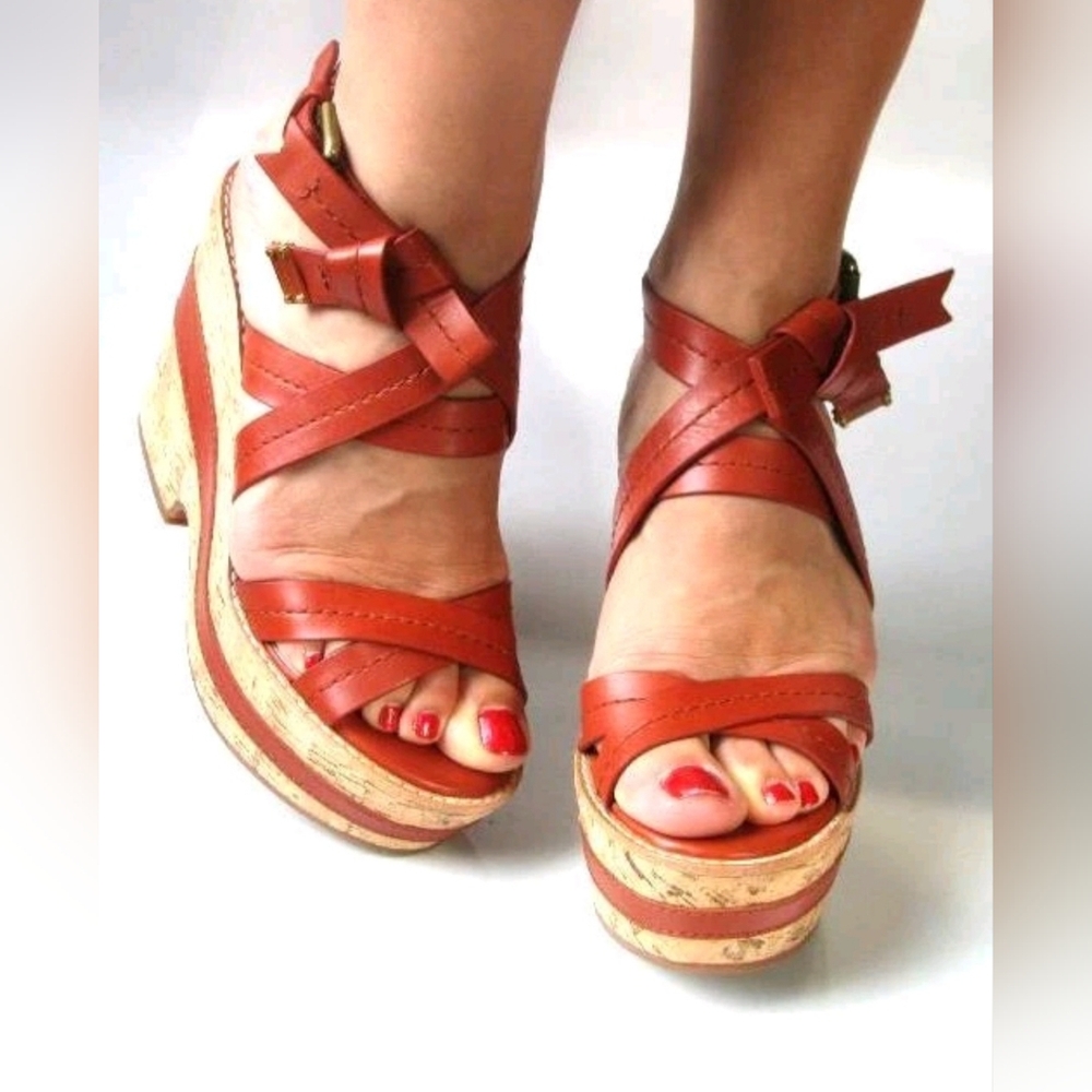 Size 8.5 - MARC JACOBS Luggage Brown Leather Logo BOW Cork Wedges Heels